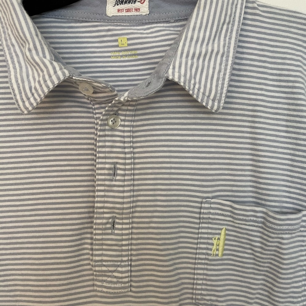 Johnnie o gray and white striped polo